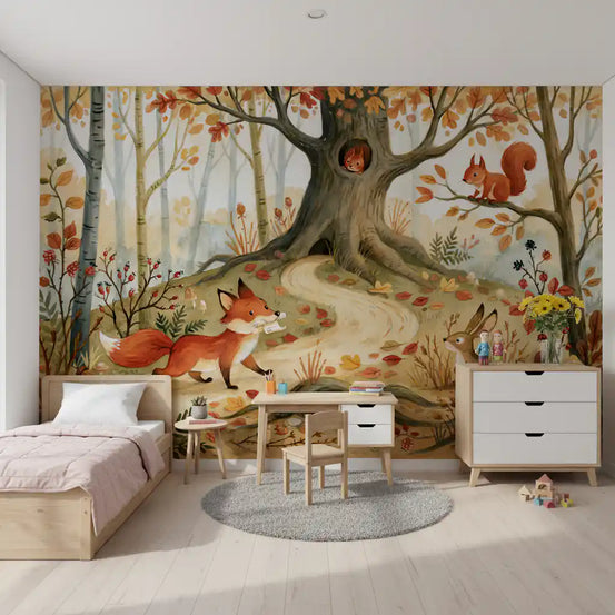 Fresque murale d’amis animaux des bois en automne