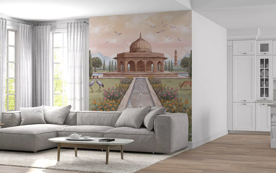 Botanical wallpaper behind a grey sectional and a white round coffee table GD13108