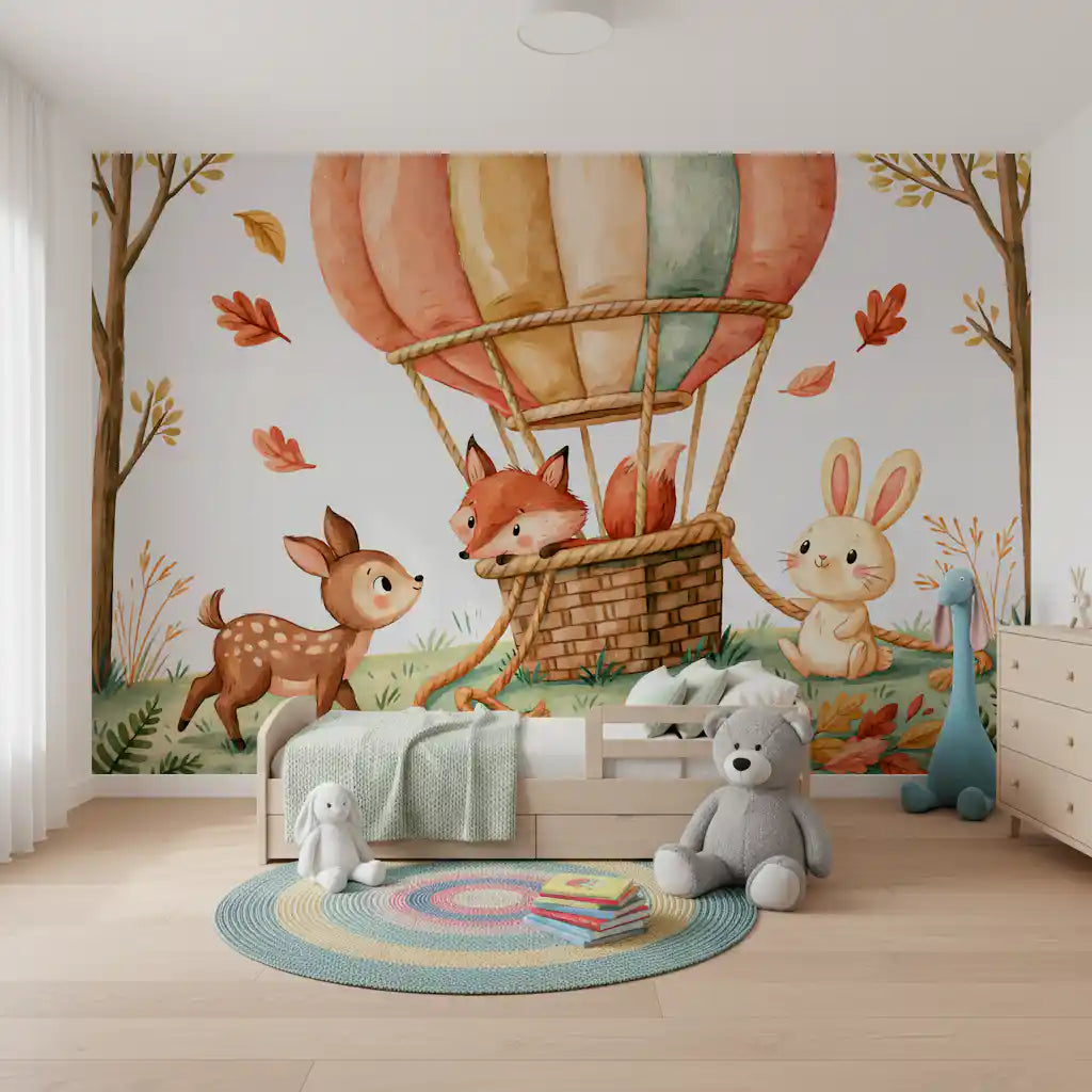 Fresque murale « Amis animaux des bois en ballons d’automne »