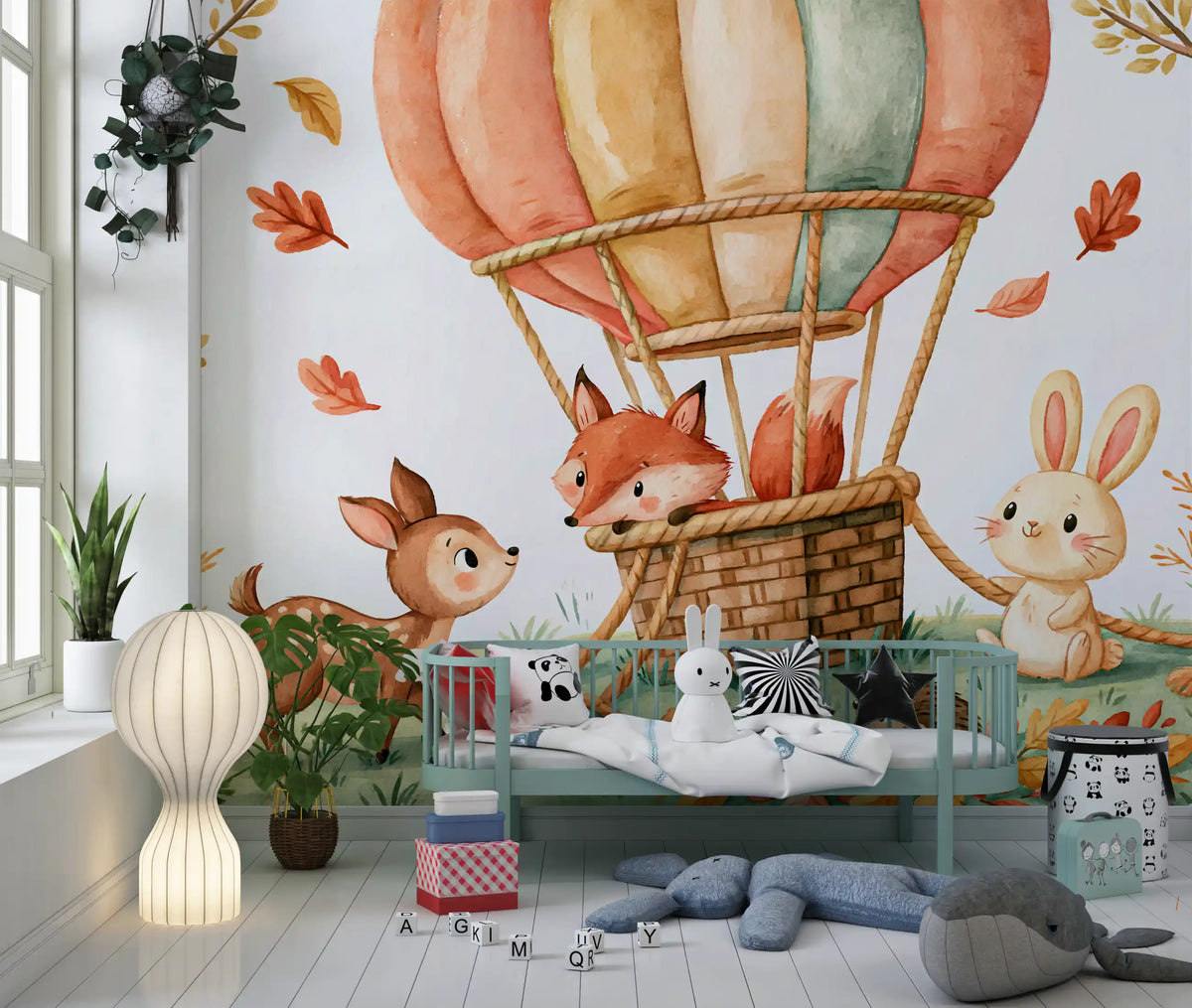 Fresque murale « Amis animaux des bois en ballons d’automne »