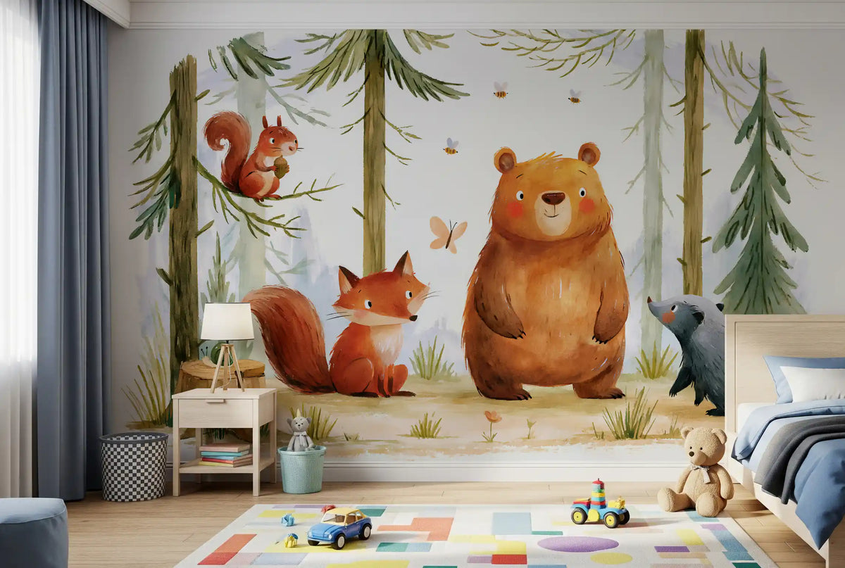 Fresque murale d’amis espiègles des bois dans une forêt automnale