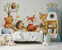 Mural de pared de escena en acuarela de amigos de un bosque otoñal de fantasía