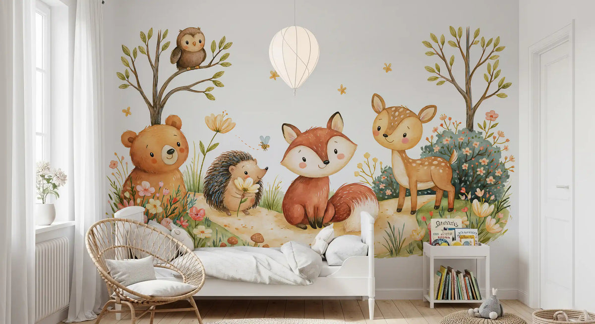 Mural de pared de escena en acuarela de amigos de un bosque otoñal de fantasía