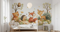 Mural de pared de escena en acuarela de amigos de un bosque otoñal de fantasía