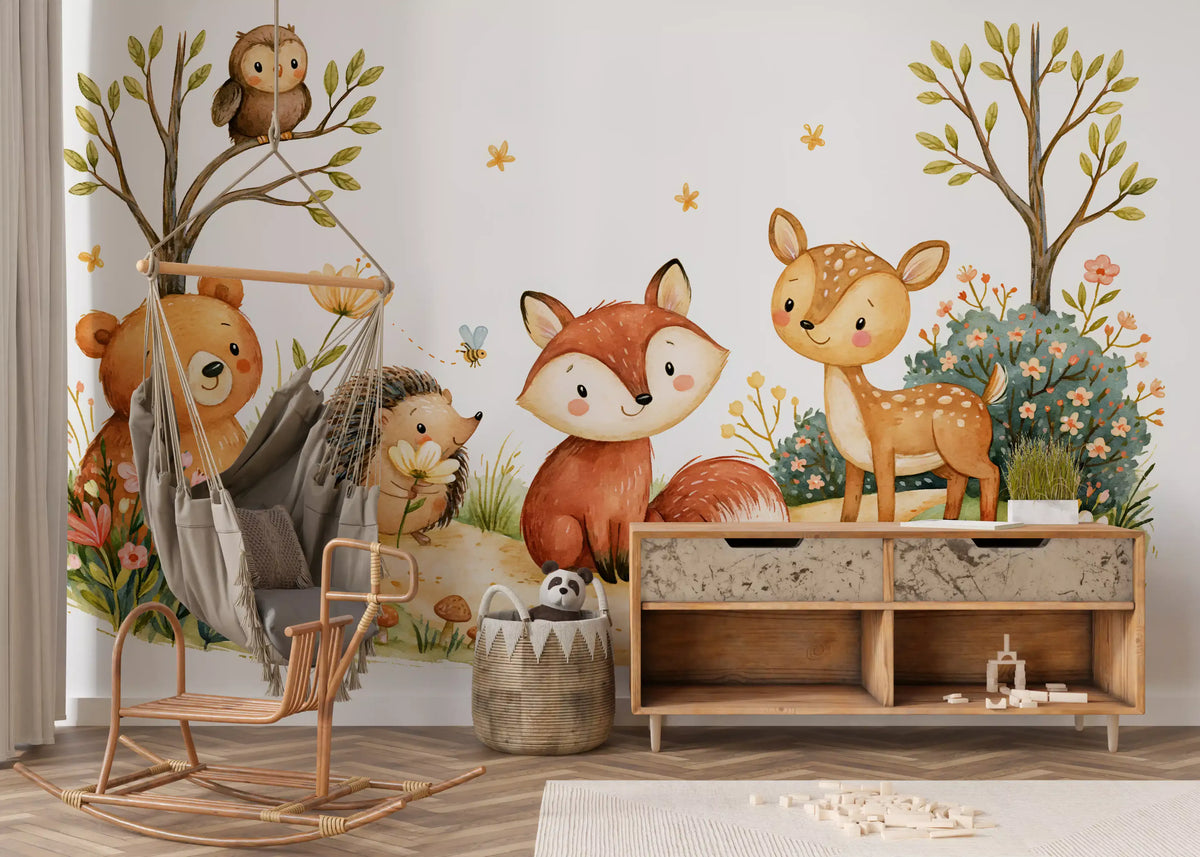 Mural de pared de escena en acuarela de amigos de un bosque otoñal de fantasía