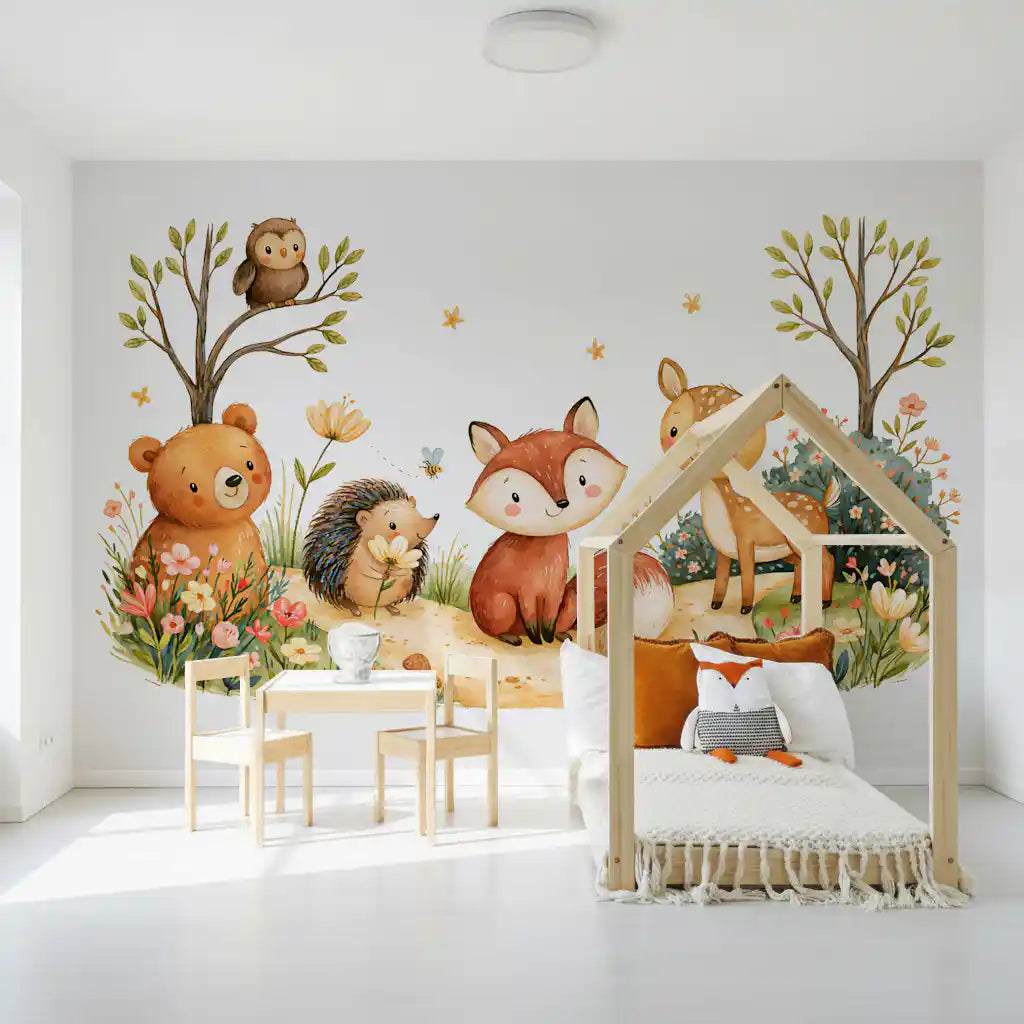 Mural de pared de escena en acuarela de amigos de un bosque otoñal de fantasía