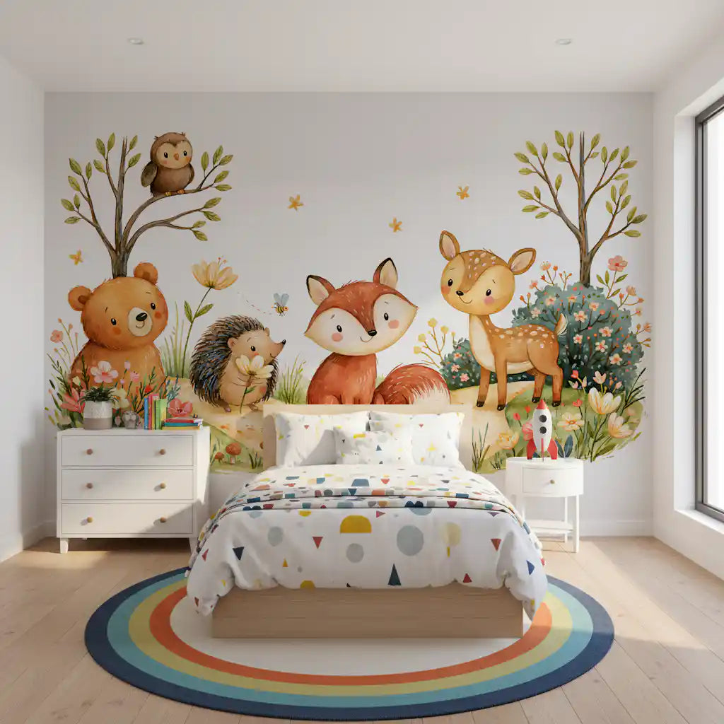 Mural de pared de escena en acuarela de amigos de un bosque otoñal de fantasía