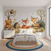 Mural de pared de escena en acuarela de amigos de un bosque otoñal de fantasía