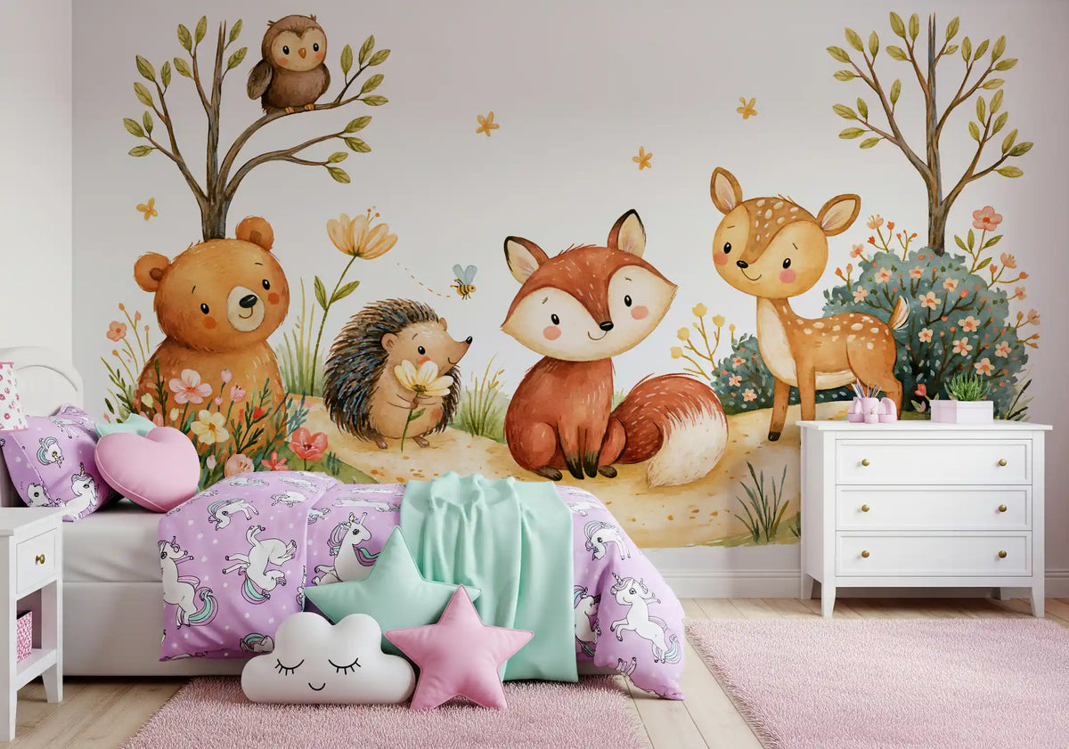 Mural de pared de escena en acuarela de amigos de un bosque otoñal de fantasía