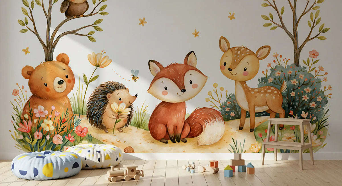 Mural de pared de escena en acuarela de amigos de un bosque otoñal de fantasía