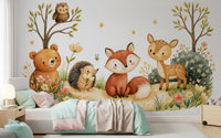 Mural de pared de escena en acuarela de amigos de un bosque otoñal de fantasía