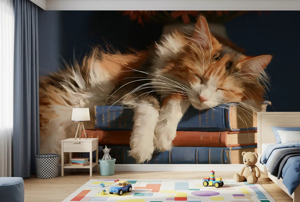 Cat wallpaper in a bedroom with a colourful play rug and toys GD13118