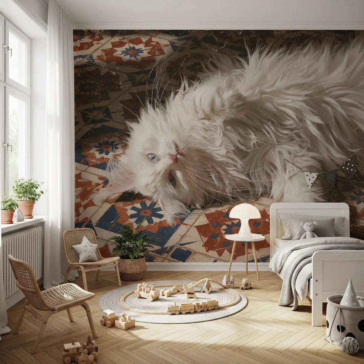 Cat wallpaper in a bedroom with a rattan chair and toy train GD13119