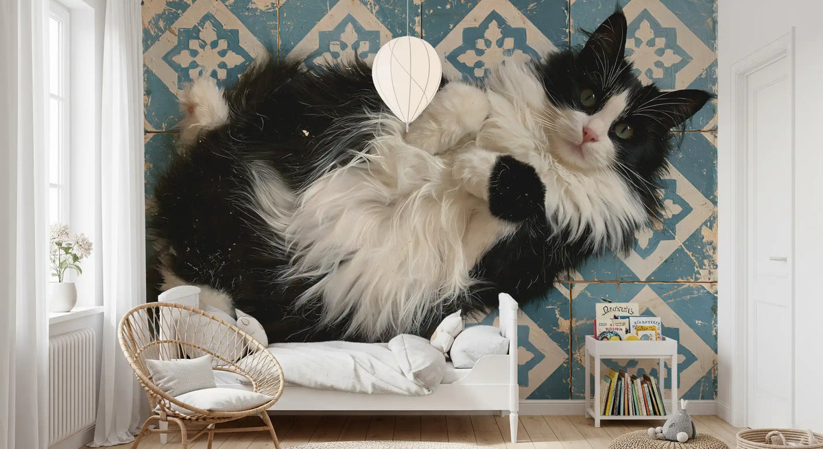 Murale da parete con ritratto di gatto blu rustico piastrellato