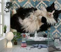 Murale da parete con ritratto di gatto blu rustico piastrellato