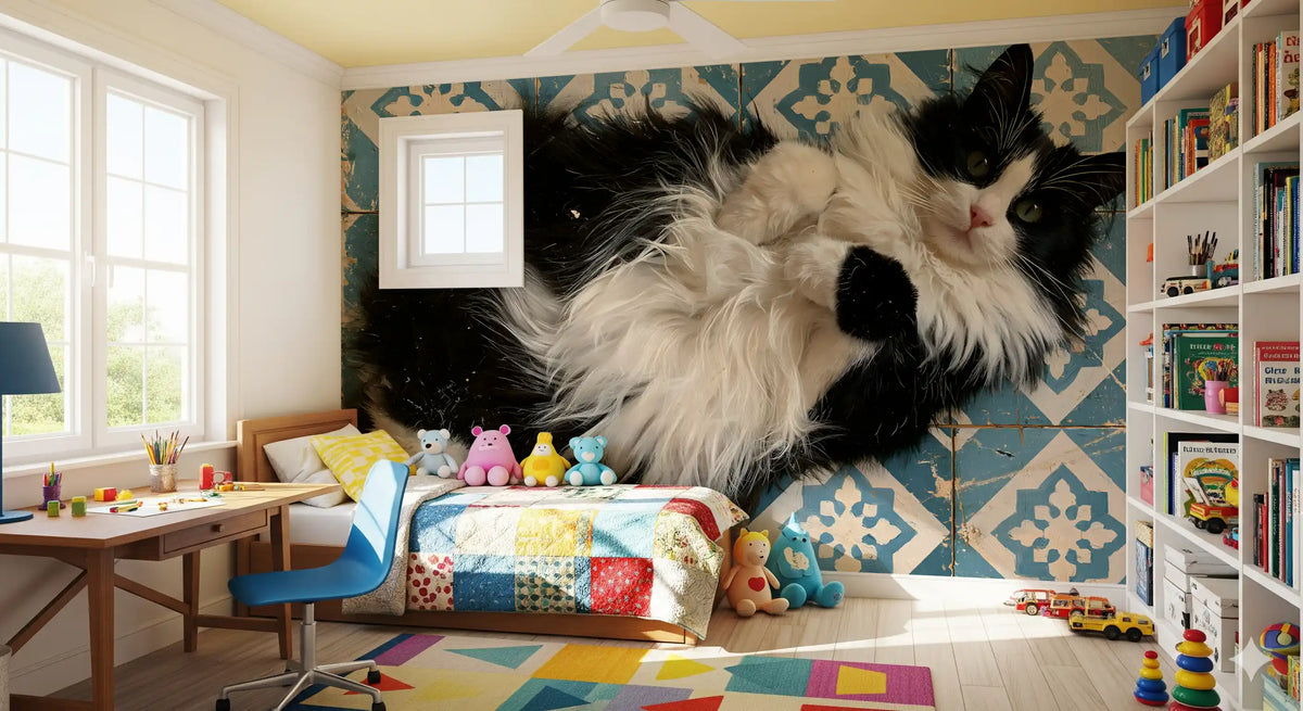 Murale da parete con ritratto di gatto blu rustico piastrellato