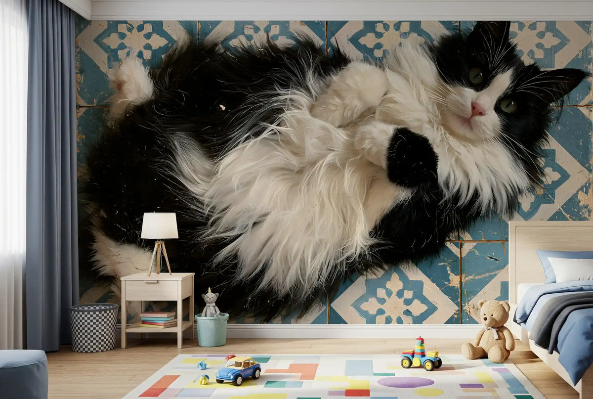 Murale da parete con ritratto di gatto blu rustico piastrellato