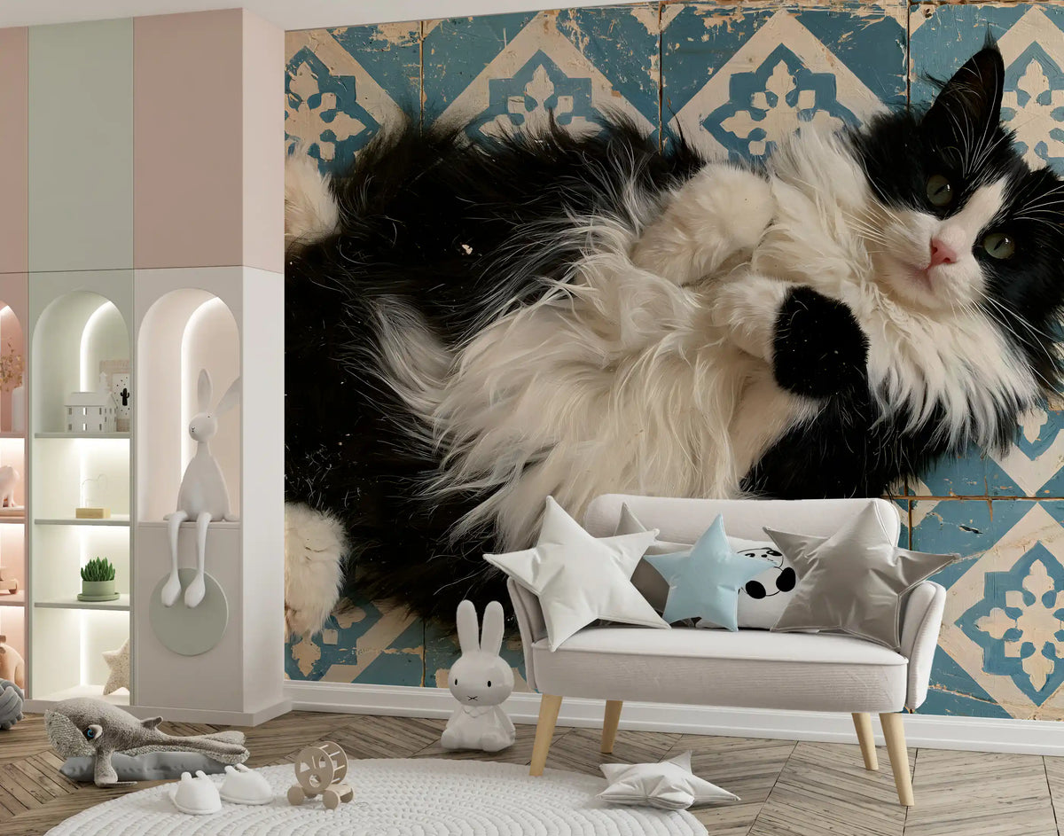 Murale da parete con ritratto di gatto blu rustico piastrellato