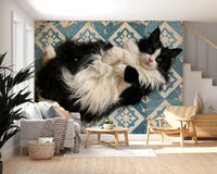 Murale da parete con ritratto di gatto blu rustico piastrellato