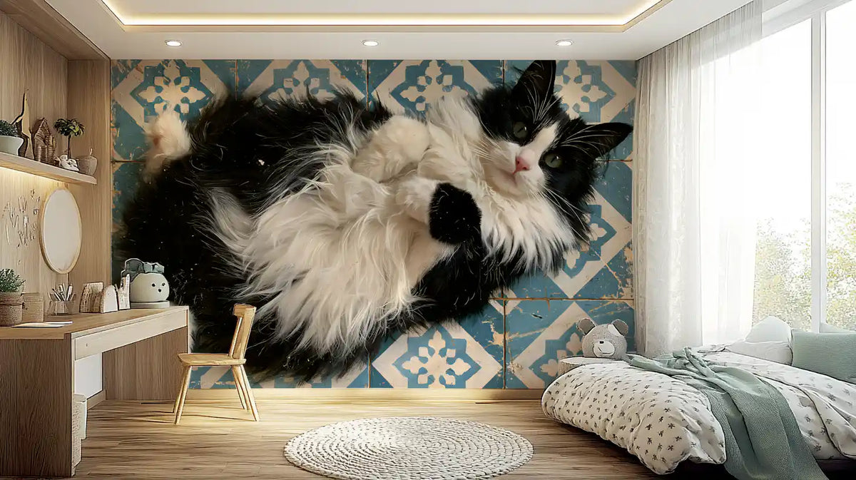Murale da parete con ritratto di gatto blu rustico piastrellato