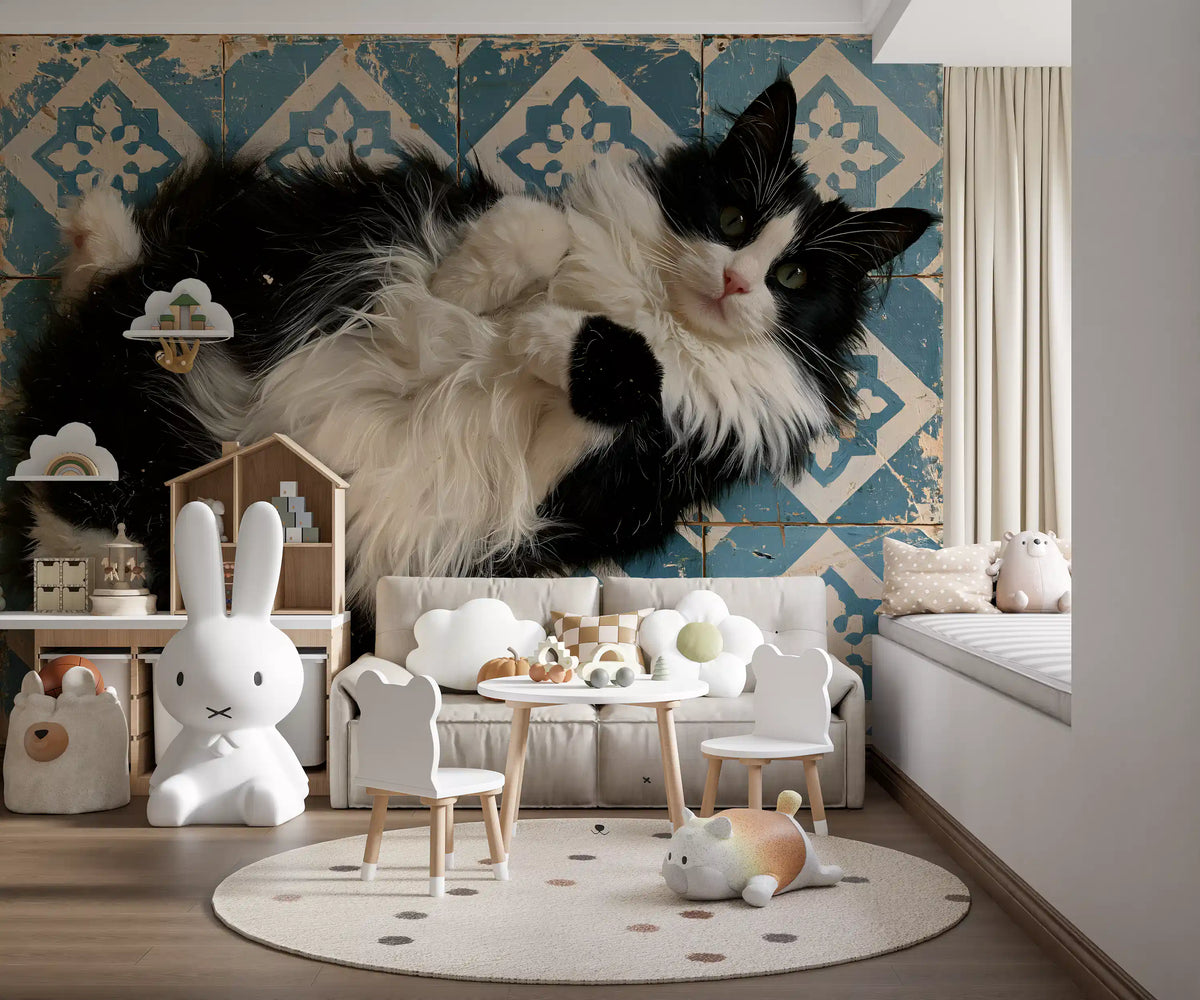 Murale da parete con ritratto di gatto blu rustico piastrellato