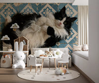 Murale da parete con ritratto di gatto blu rustico piastrellato