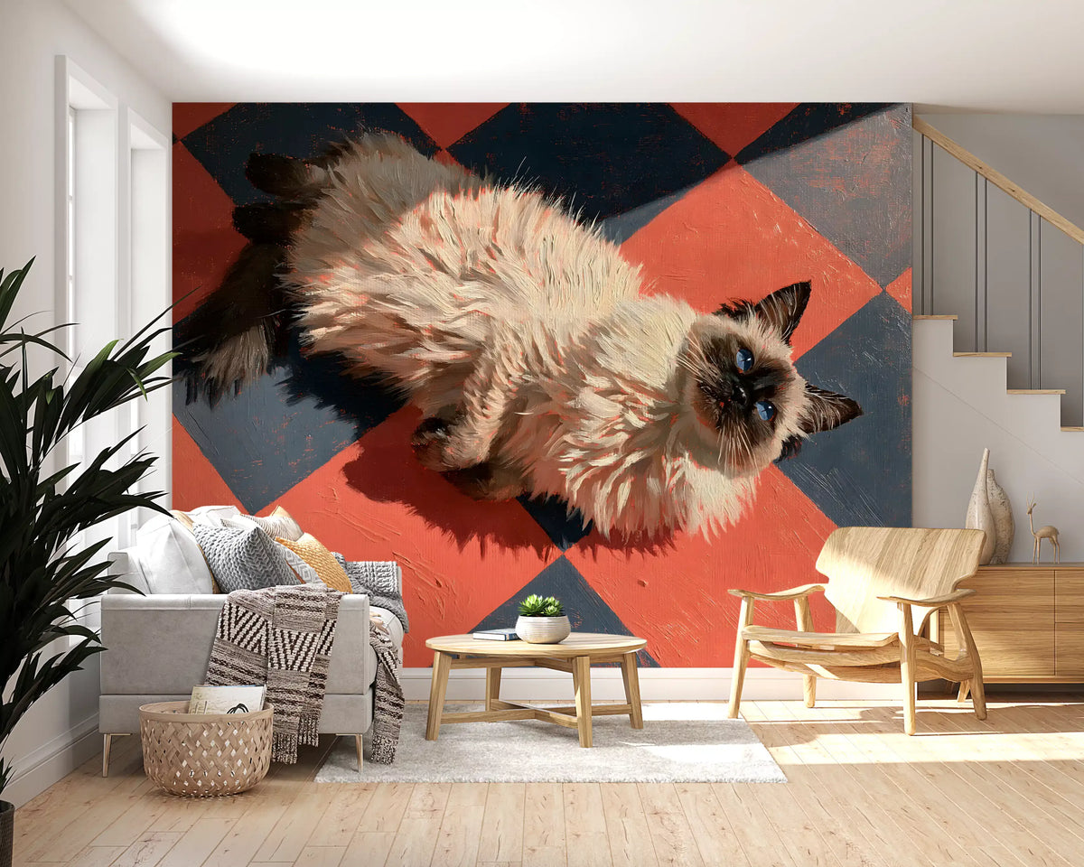 Wandgemälde „Sonnenbeschienene Ragdoll auf karierten Fliesen“