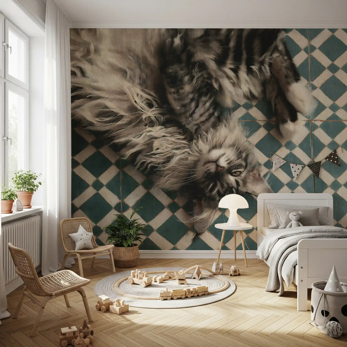 Cat wallpaper of a Maine Coon on geometric tiles in a kids bedroom with play mat GD13125