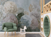 Vintage bloemenmuurschildering met hortensia's en pioenrozen