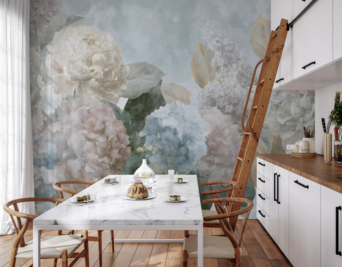 Peony wallpaper of vintage hydrangeas in a bright kitchen with marble dining table GD13126