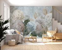 Vintage bloemenmuurschildering met hortensia's en pioenrozen
