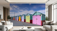 Beach hut wall mural in a bright lounge with white sofas and tall windows GD13132