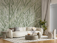 Biophilic wallpaper behind a curved cream sofa and round coffee tables GD13142