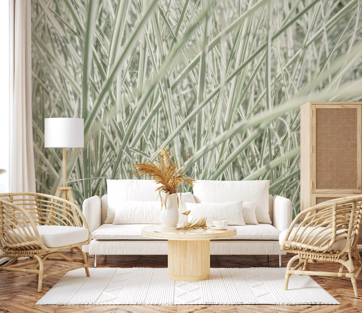 Silver grass blade mural behind a white sofa with two rattan armchairs GD13142