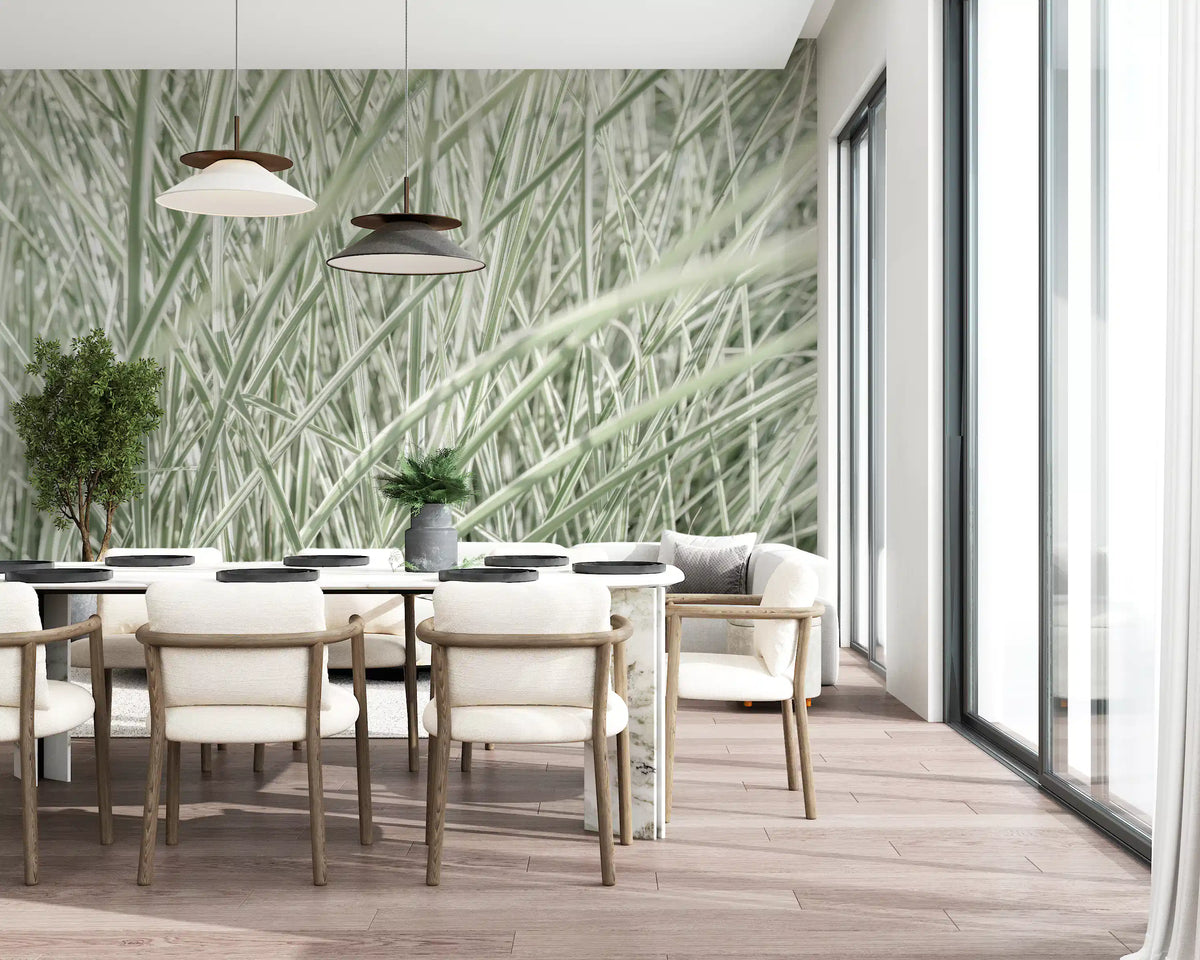 Green grass mural behind a long dining table with cream chairs GD13142
