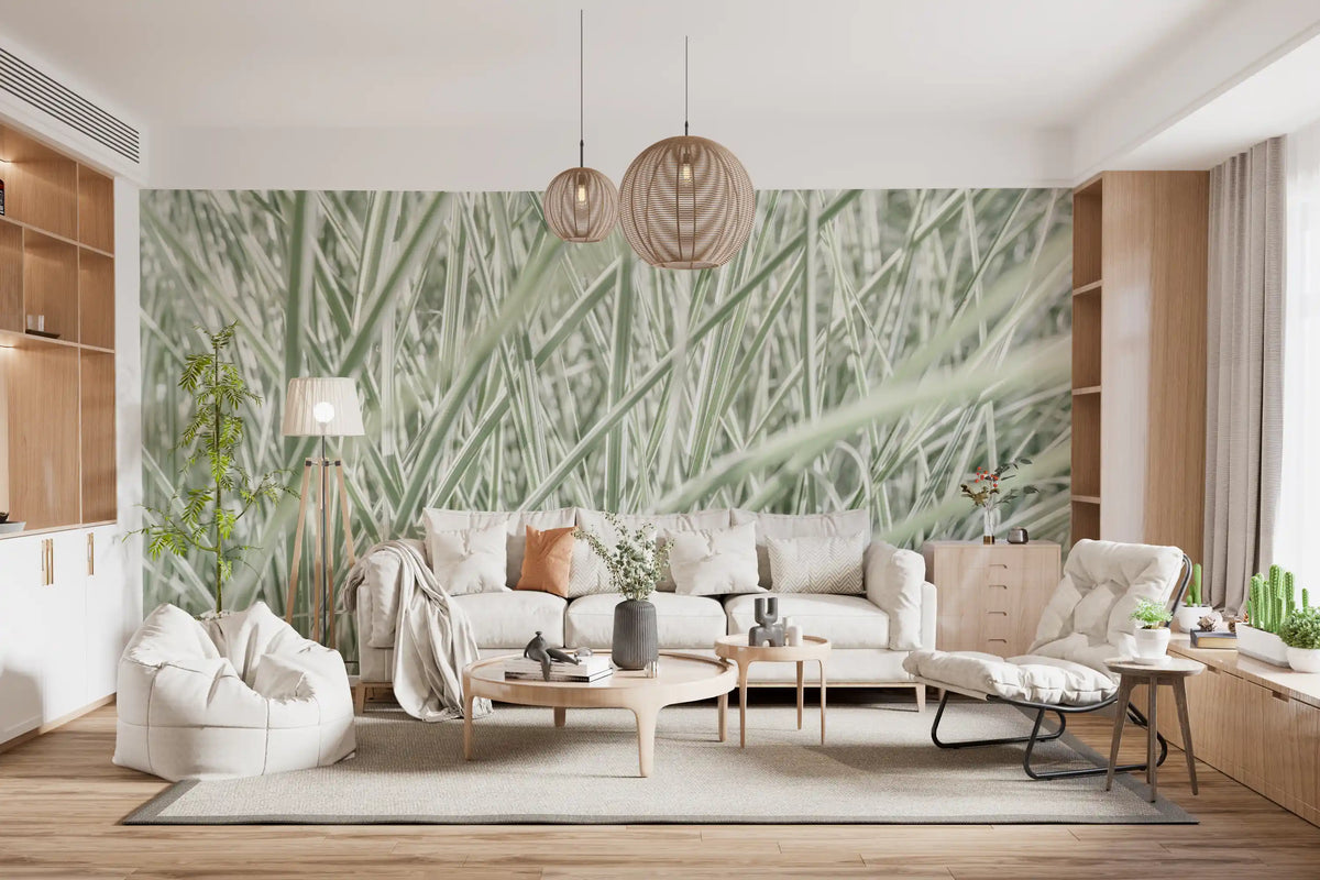 Biophilic wallpaper in a living room with a white sofa and wood pendant lamps GD13142