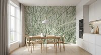 Biophilic wallpaper in a kitchen with a light wood dining set and white units GD13142
