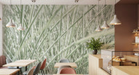 Sage grass wall mural in a cafe with pendant lights and pink chairs GD13142