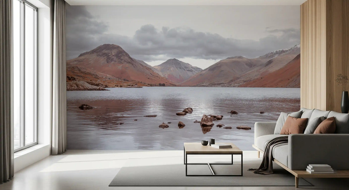 Rust peak lake mural beside a gray sofa and tall window GD13143