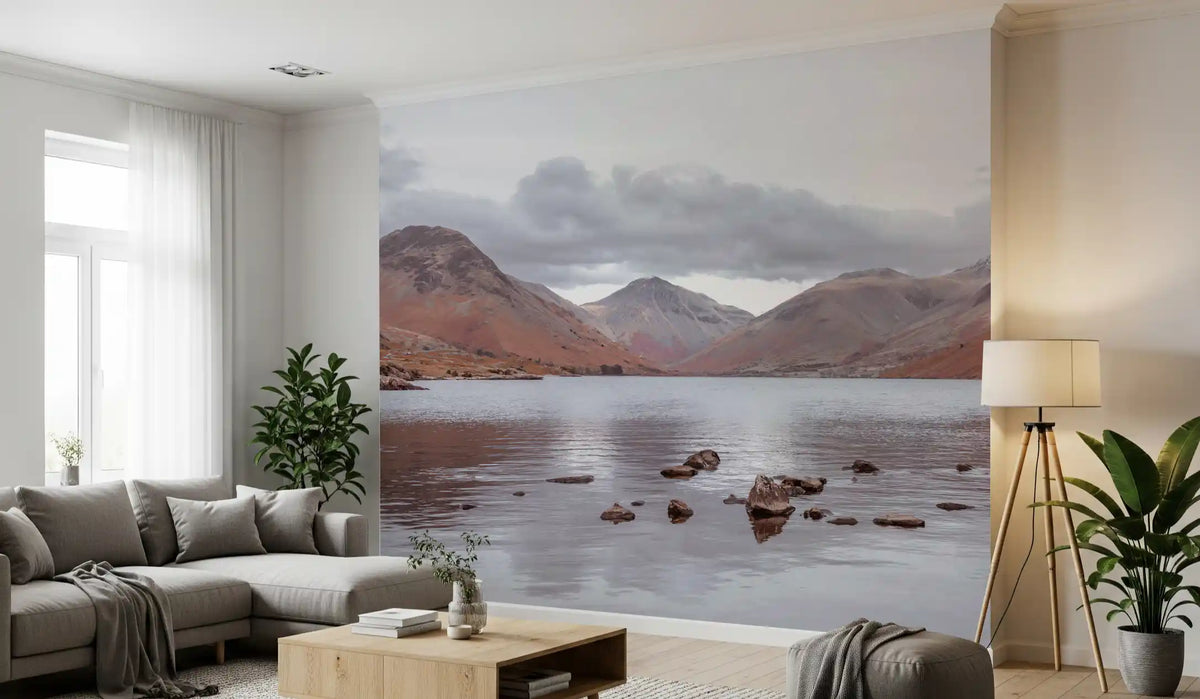 Lake wallpaper behind a gray sectional with a wooden coffee table and floor lamp GD13143