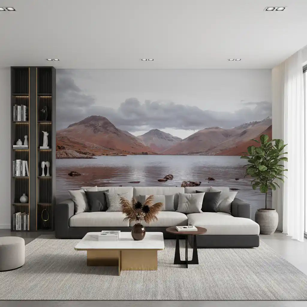 Lake wallpaper mural in a modern lounge with a gray sectional and bookshelf GD13143