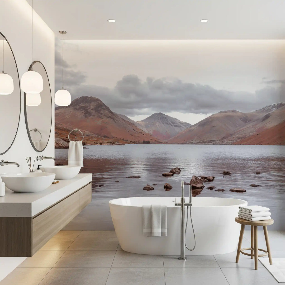 Mountain reflection mural in a bathroom with a freestanding tub and round mirrors GD13143