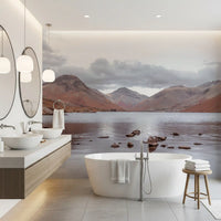 Mountain reflection mural in a bathroom with a freestanding tub and round mirrors GD13143
