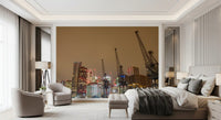 Docklands crane mural in a bedroom with grey accent chair, upholstered bed and bench GD13146