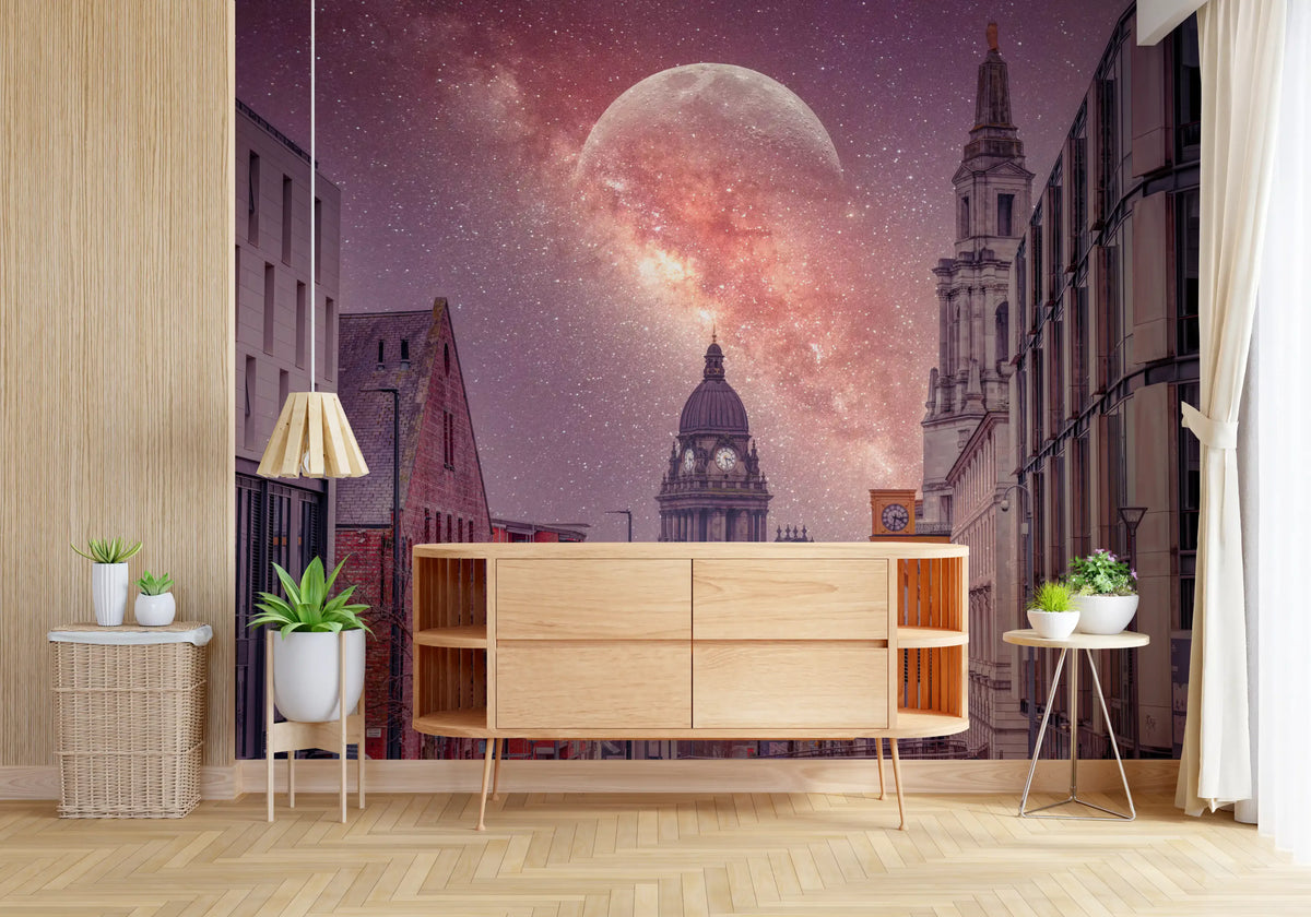 Mural de pared panorámico arquitectónico de paisaje urbano cósmico