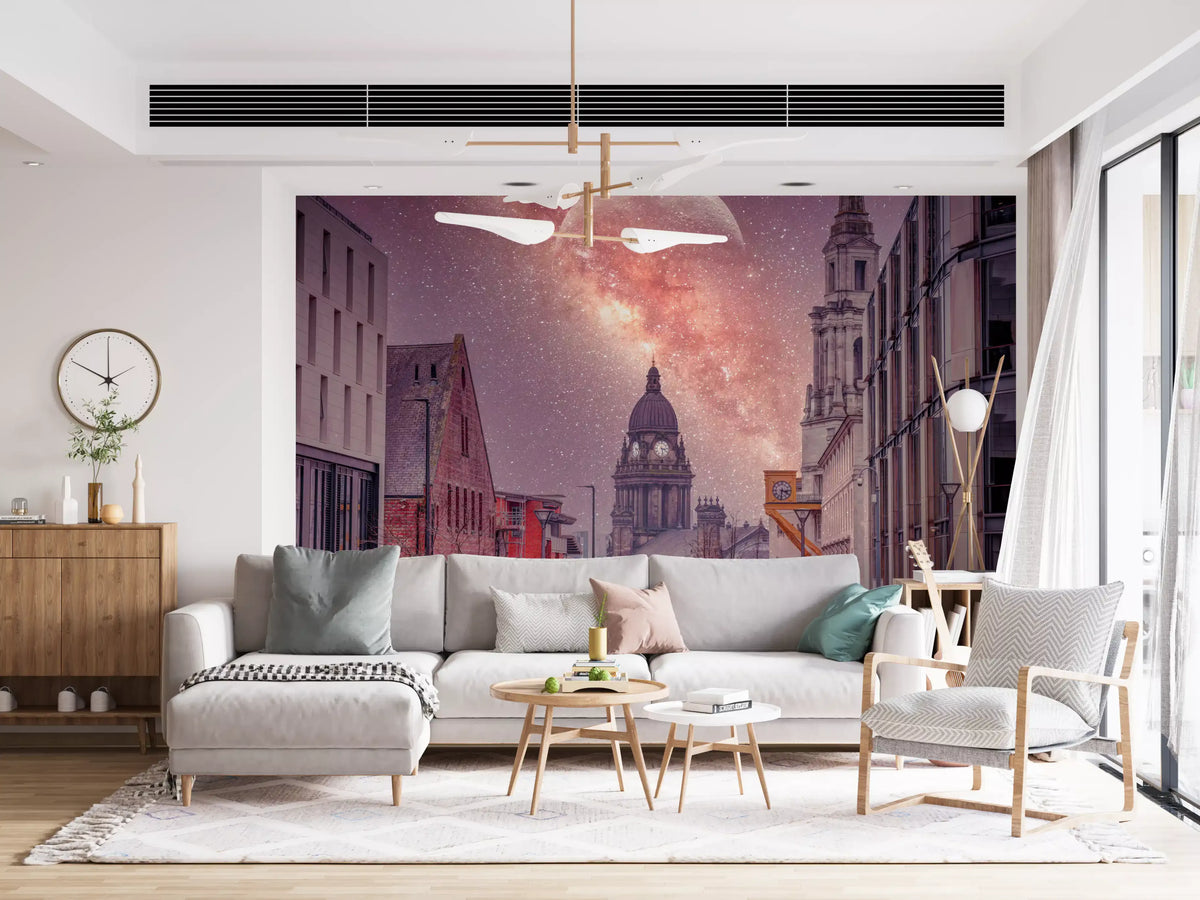 Wandgemälde „Kosmische Stadtlandschaft – architektonische Ansicht“