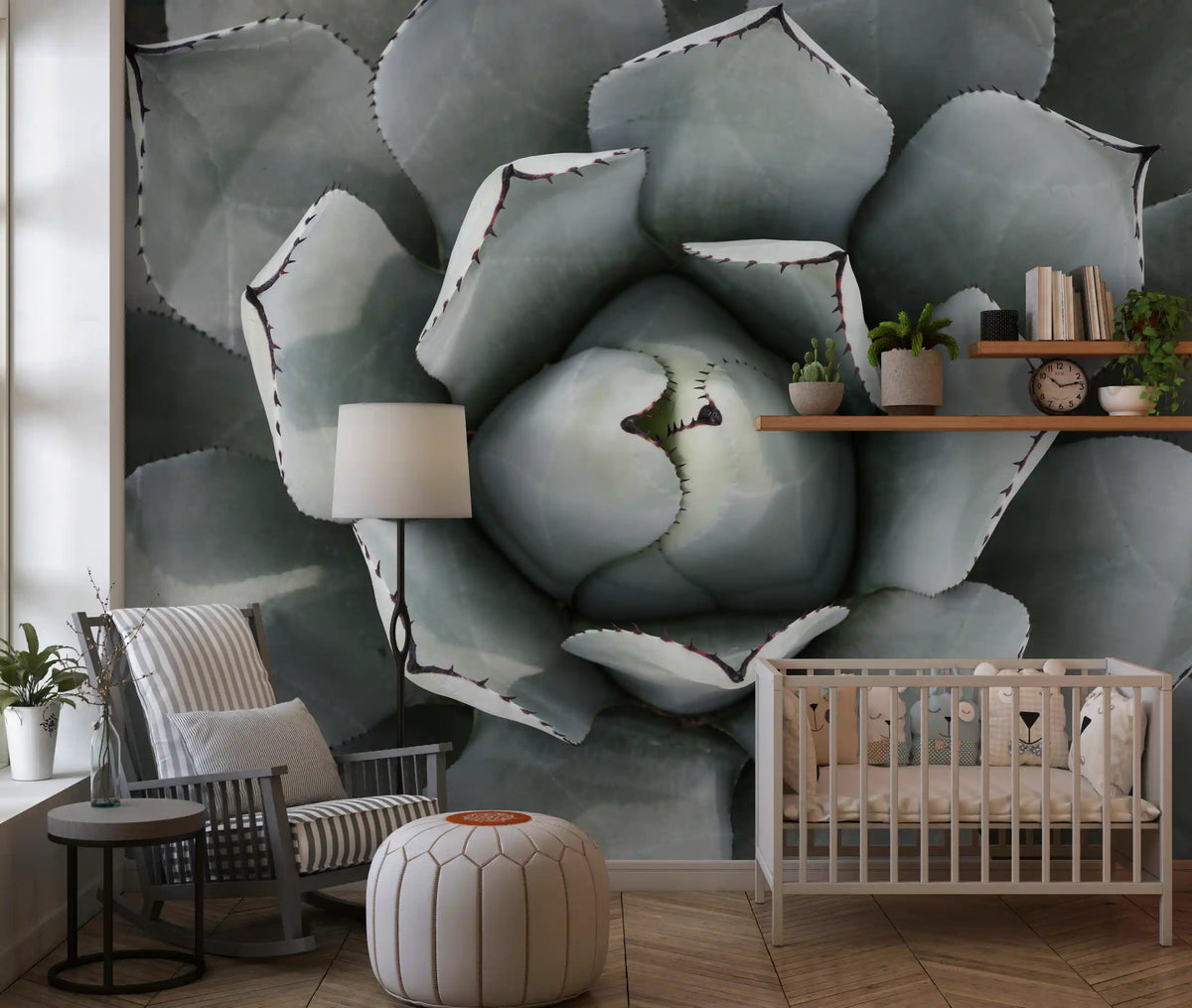 Botanical wallpaper with a calm agave design in a nursery with white crib and rocking chair GD13148