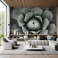 Gray green agave mural behind a modular sectional under a slatted wood ceiling GD13148