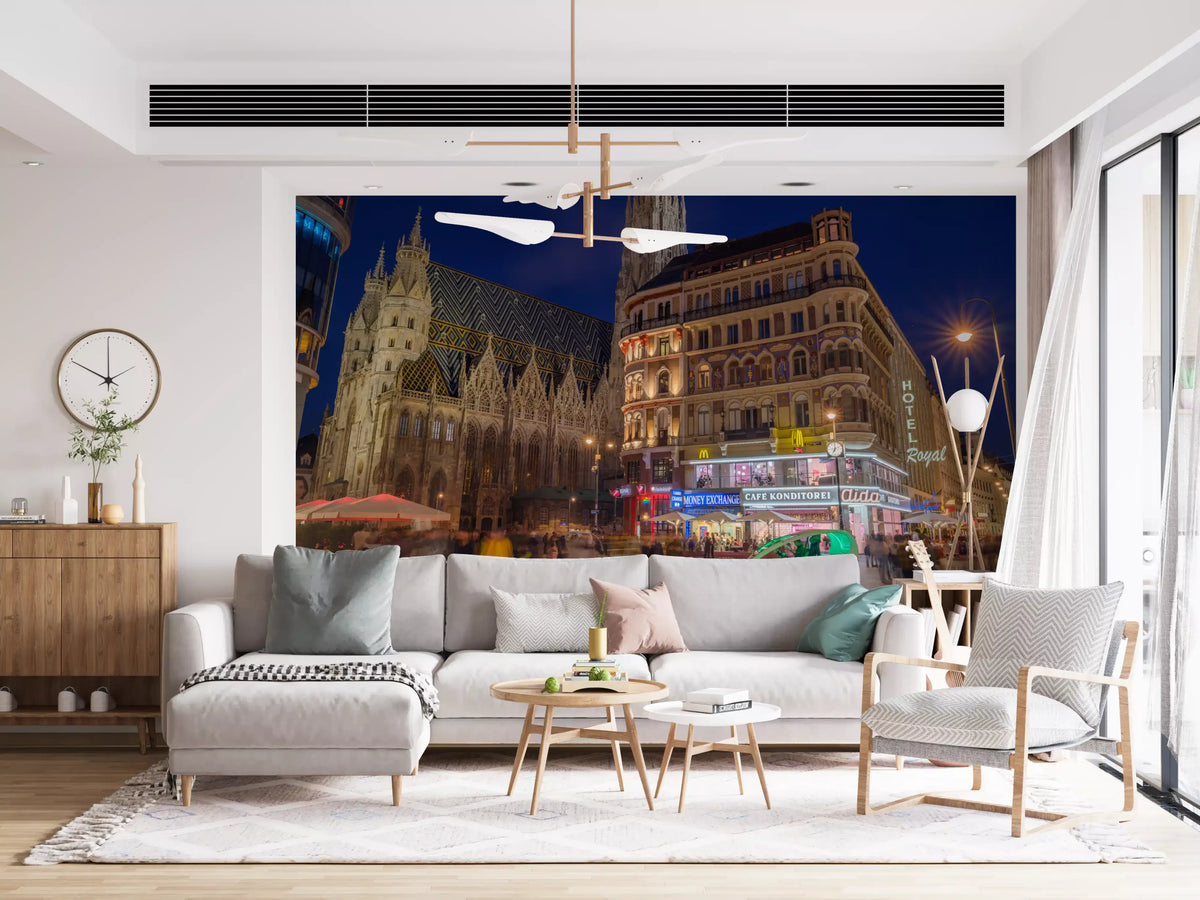 Väggmålning med gotisk arkitektur och modernt nattliv