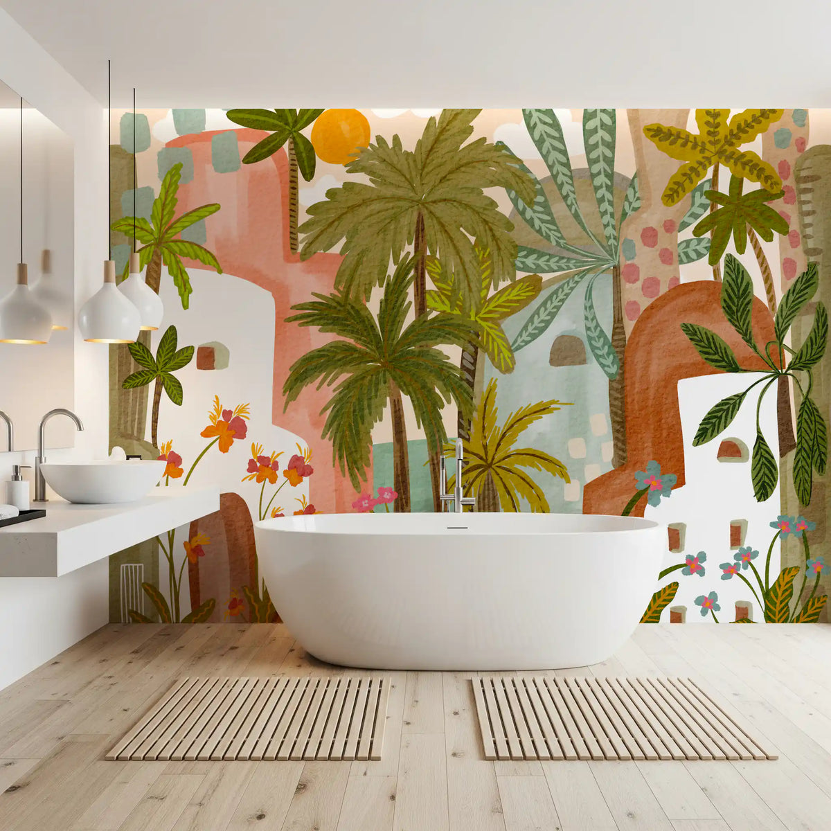 Papier peint panoramique mural Oasis de palmiers méditerranéenne